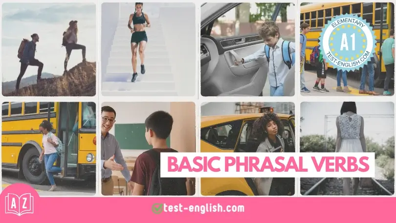 A1 English lesson on basic phrasal verbs with realistic photos of people standing up, going down stairs, getting in and out of vehicles, and going back.