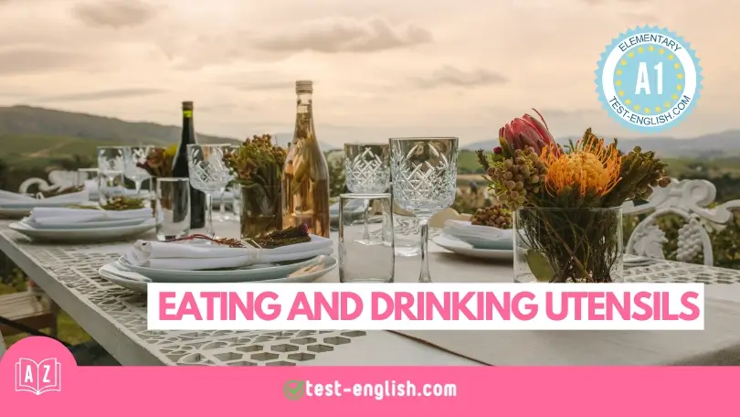 Outdoor dining table set with plates, glasses, bottles, and cutlery for the A1 English Vocabulary lesson on eating and drinking utensils.