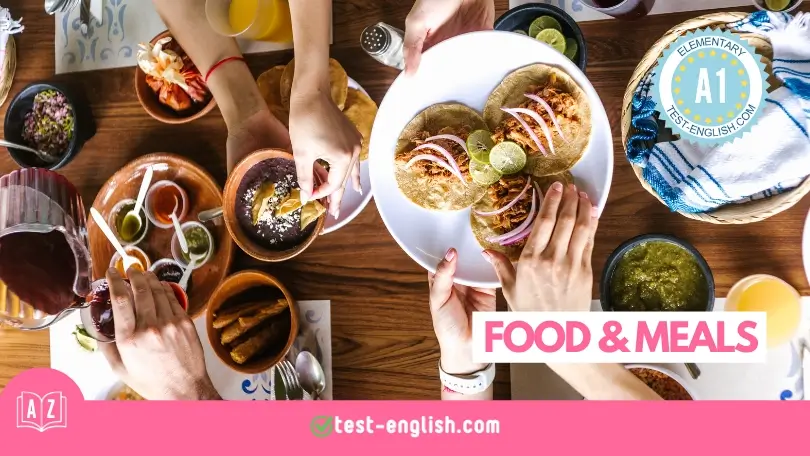 Overhead view of various dishes on a table representing a lesson on Food and Meals for A1 English Vocabulary learners.