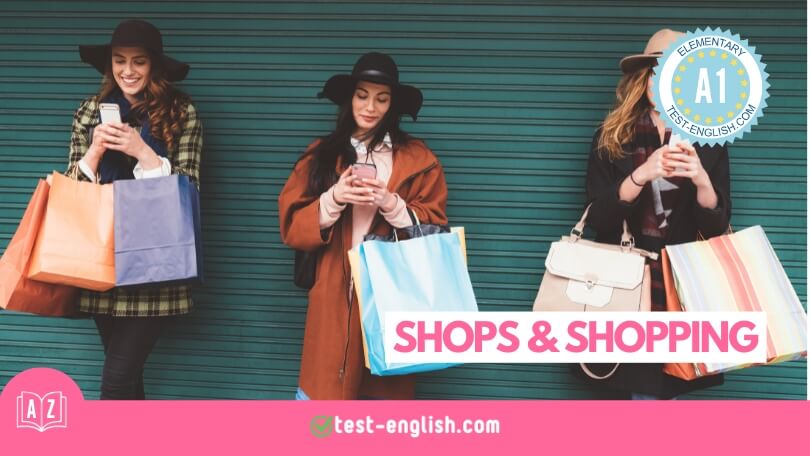 Three happy shoppers with colorful bags for the A1 English Vocabulary lesson on Shops and Shopping.