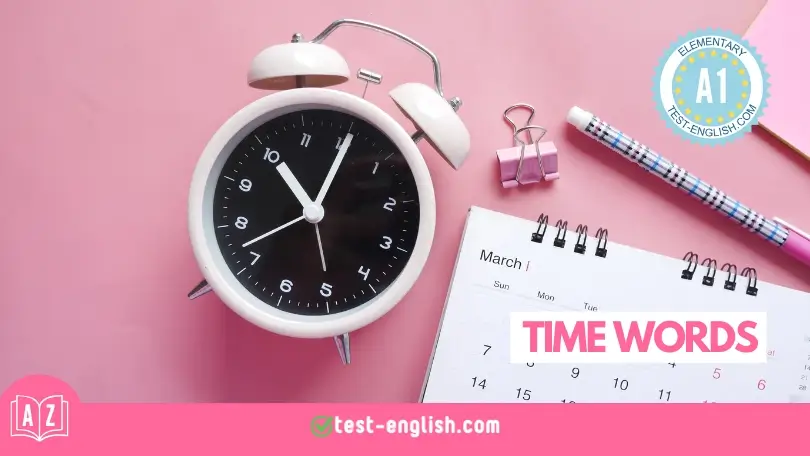 Clock and calendar on a pink background illustrating A1 English time vocabulary for beginners.