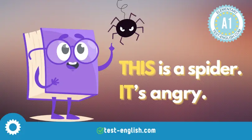 Cartoon image of a book character pointing at an angry spider with the captions 'THIS is a spider. IT's angry.' from staging.test-english.pro's A1 Elementary grammar lesson.