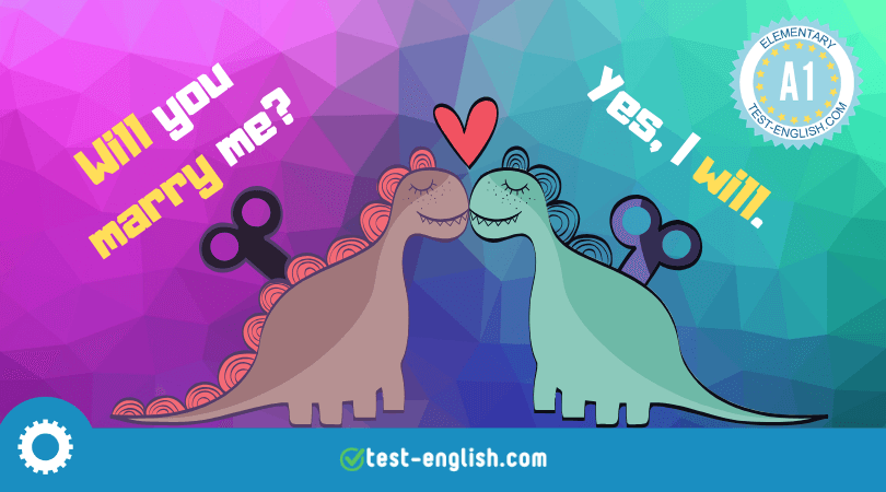 Colorful illustration of two dinosaurs with one asking, 'Will you marry me?' and the other responding, 'Yes, I will!' to exemplify the future tense 'will'.