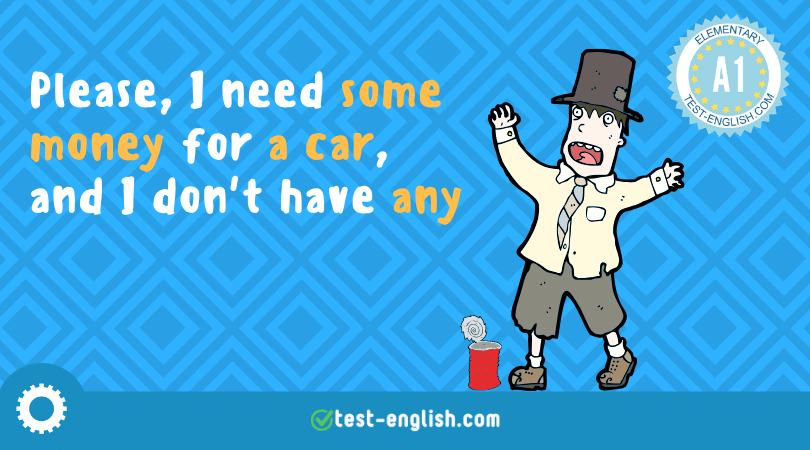 Illustration of a character in a top hat pleading for 'some money for a car', emphasizing the use of 'some' and 'any' in English grammar for A1 learners.