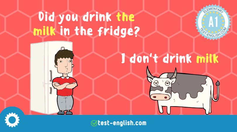 Cartoon image of a man with crossed arms next to an open fridge asking 'Did you drink the milk in the fridge?' and a cow responding 'I don't drink milk'.