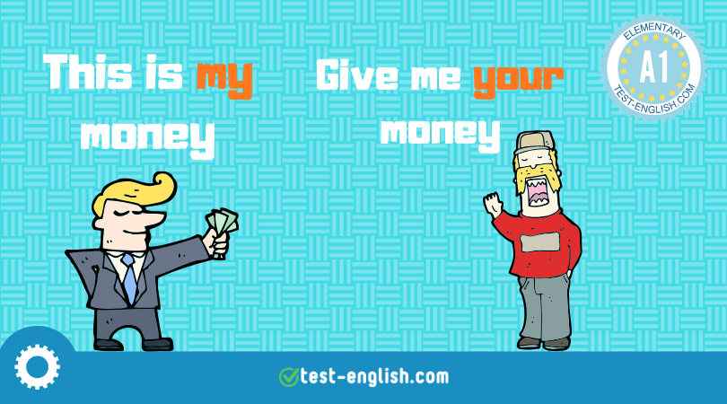 Cartoon image with two characters demonstrating possessive adjectives 'my' and 'your' with phrases 'This is my money' and 'Give me your money' for an elementary English grammar lesson.