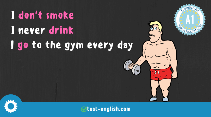 Cartoon image of a man holding a dumbbell with text statements 'I don't smoke', 'I never drink', and 'I go to the gym every day' for learning the Present Simple tense in English.