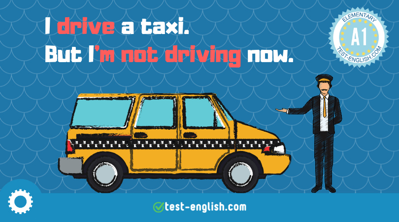 Illustration of a man standing next to a taxi with text 'I drive a taxi. But I'm not driving now.' for teaching Present Simple vs Present Continuous.