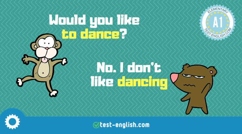 Cartoon image of a monkey asking, 'Would you like to dance?' and a bear responding, 'No, I don't like dancing.