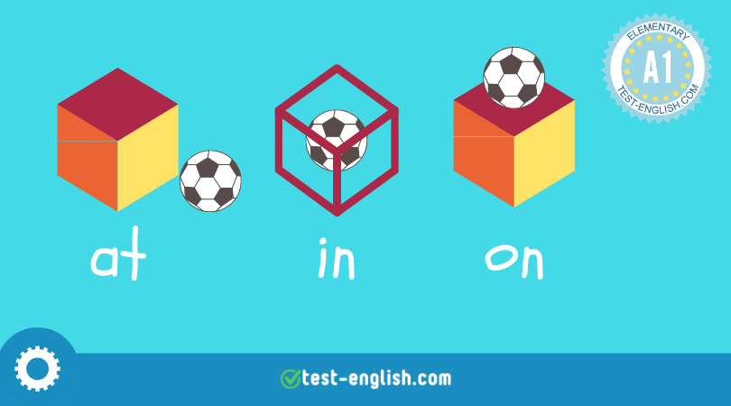 Graphic illustration with a cube, soccer ball, and hexagon demonstrating the prepositions 'at', 'in', 'on' for a lesson on prepositions of place.