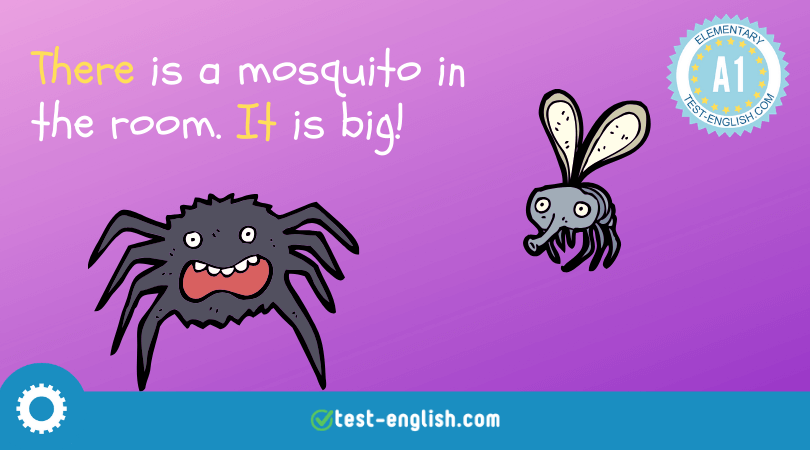 Illustration of a comically oversized spider and mosquito with the text 'There is a mosquito in the room. It is big!' for an A1 English grammar lesson.