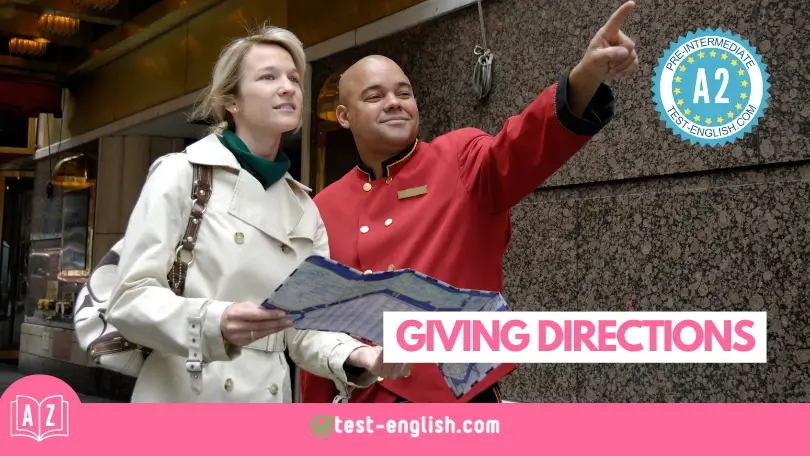 Giving Directions - A2 English Vocabulary: A person asking for directions with a map, guided by a helpful individual in a uniform.