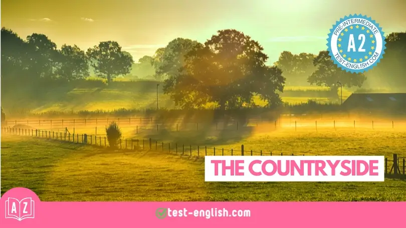 A scenic view of the countryside at sunrise with fields, fences, and trees, illustrating rural life for an A2 English vocabulary lesson about the countryside.