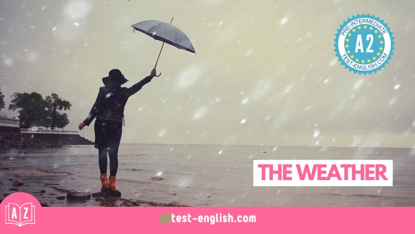 Person holding an umbrella standing by the sea in rainy weather, representing 'The Weather – A2 English Vocabulary' lesson.