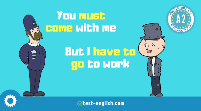 Cartoon of a policeman saying 'You must come with me' to a businessman who replies 'But I have to go to work,' illustrating the use of 'must' for direct orders and 'have to' for personal obligations.