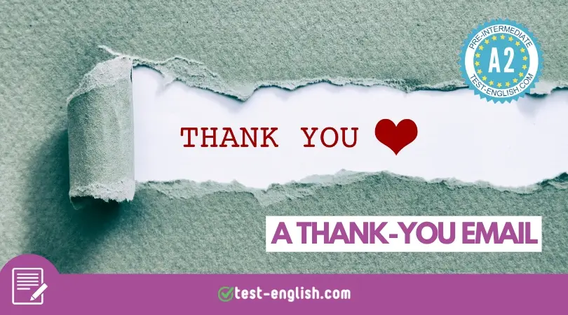 Torn paper revealing the words 'Thank you' with a heart symbol, for an A2 English writing thank-you email lesson.