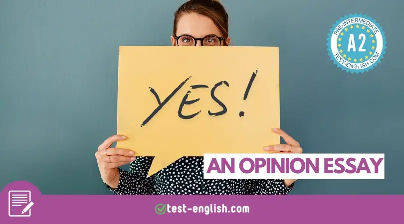 A person holding a speech bubble with "YES!" written on it, for an A2 English Writing lesson on opinion essays.