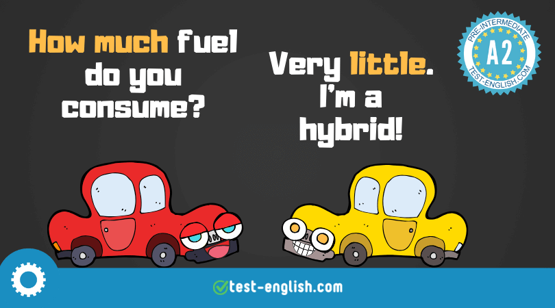 Cartoon image of two cars having a conversation about fuel consumption with text bubbles, 'How much fuel do you consume?' and 'Very little. I'm a hybrid!' for an A2 English grammar lesson on quantifiers.
