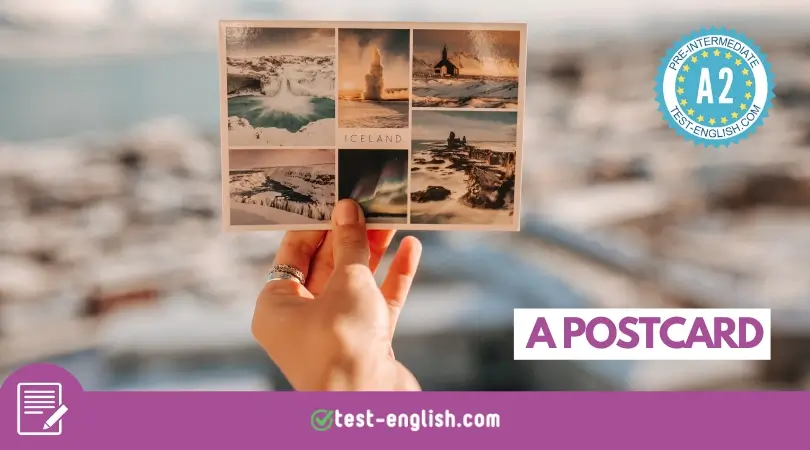 A hand holding a postcard from Iceland with scenic landscapes, for an A2 English Writing lesson.