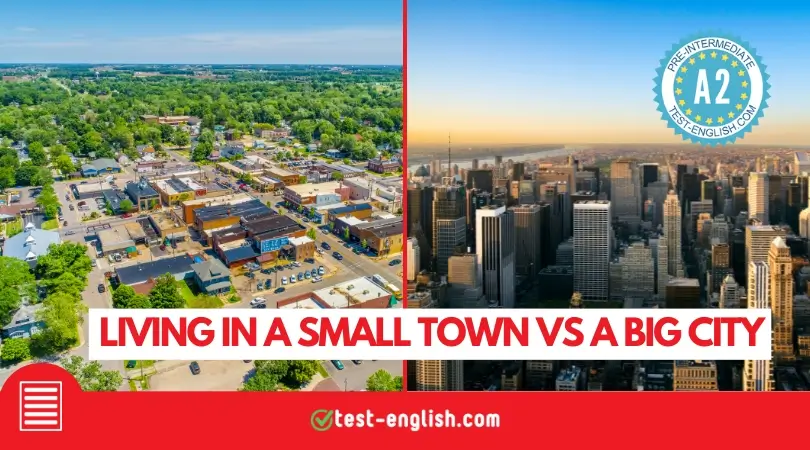 Aerial view of a small town next to a big city skyline, for A2 reading test on town and city life differences.