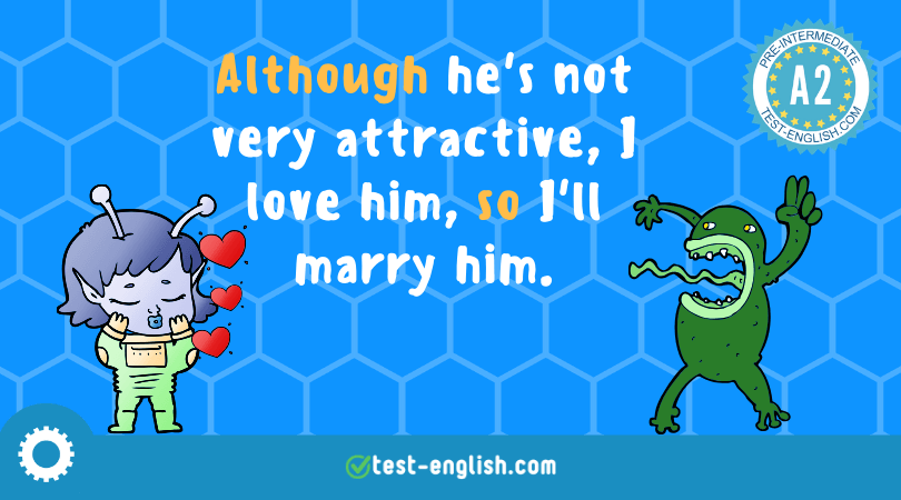 "Cartoon characters with text demonstrating the use of 'although' and 'so' in a humorous sentence about love and marriage.