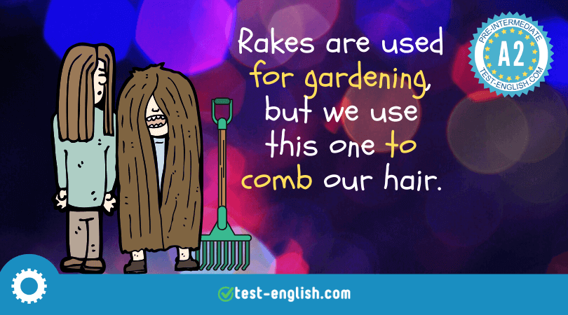 Humorous illustration of two characters with long hair and a rake, with text 'Rakes are used for gardening, but we use this one to comb our hair.