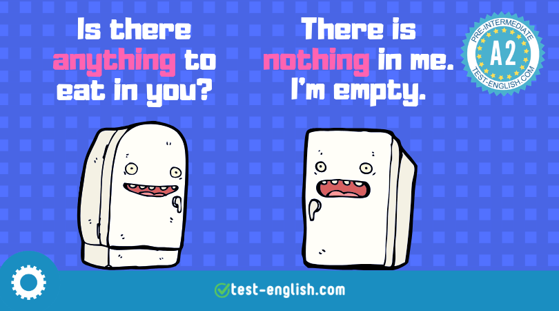 Cartoon image of two toasters with one asking 'Is there anything to eat in you?' and the other replying 'There is nothing in me. I’m empty.', to illustrate the use of 'something', 'anything' 'nothing', etc.