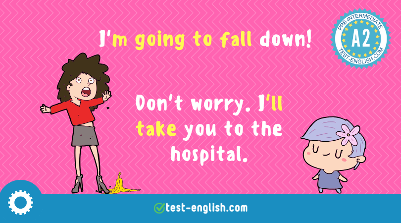 Cartoon image for A2 English lesson on 'will' vs 'be going to' featuring two characters illustrating the use of 'I'm going to fall down!' and 'Don’t worry. I’ll take you to the hospital.' with the A2 level indicator and website logo.