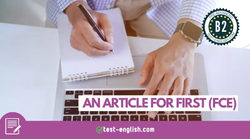 Person writing notes on a laptop, illustrating how to write an article for the First (FCE) B2 exam.
