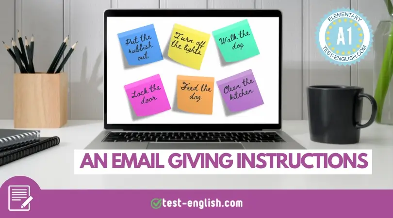 Laptop screen with sticky notes of household chores for A1 writing lesson on giving instructions in English.