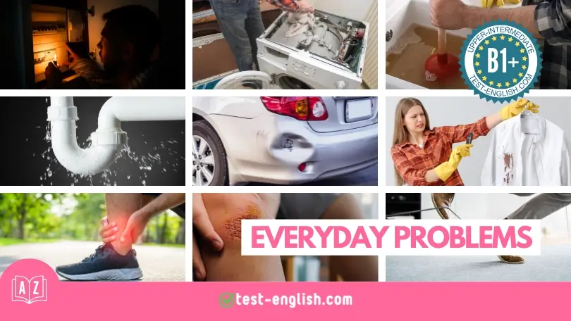 A collage showing everyday problems for a B1+ English vocabulary lesson: power cuts, leaks, stains, and minor injuries.