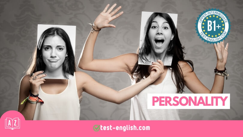 Woman holding two contrasting facial expression photos, featuring a B1+ English vocabulary lesson on Personality
