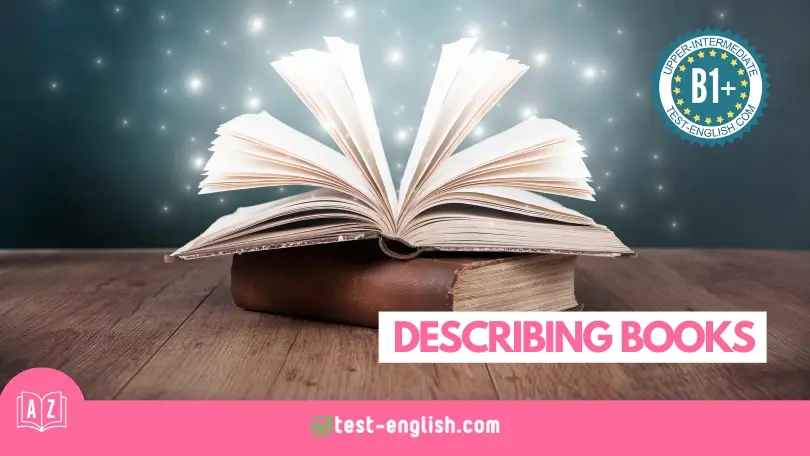 B1+ English vocabulary lesson banner titled 'Describing Books,' featuring an open book with its pages fanned out, placed on top of another closed book, against a sparkling background.