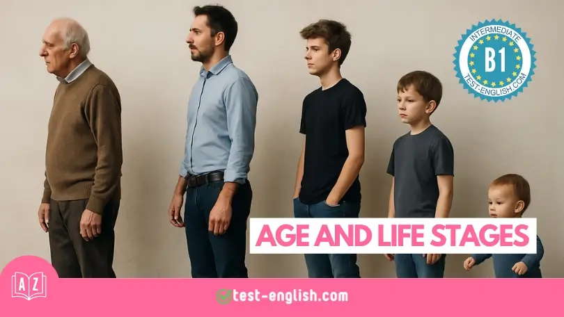 A row of males from toddler to elderly man showing different life stages for a B1 English vocabulary lesson.