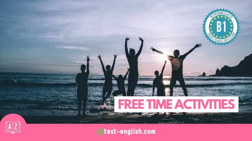 Group of people jumping with joy on the beach at sunset with 'Free Time Activities' text for B1 English vocabulary lesson.