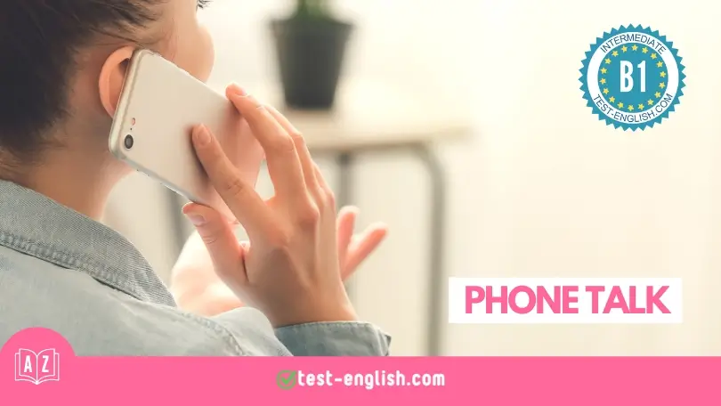 Phone Talk vocabulary lesson image: a person talking on a smartphone, representing communication-related vocabulary. B1 English level.