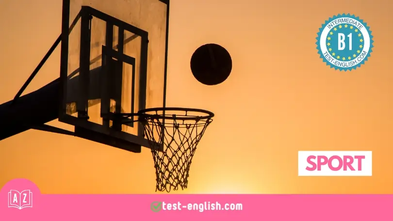 Silhouette of basketball hoop at sunset for B1 English Vocabulary on Sport.