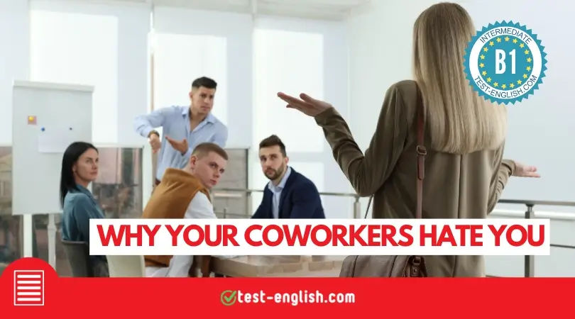 Office coworkers looking upset at a woman, used for a B1 reading test about problems with workplace behaviour.