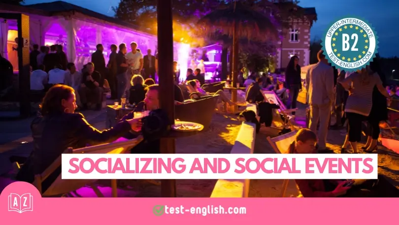 Socializing and social events vocabulary lesson image: people enjoying an outdoor party at night with drinks and live entertainment. B2 English level.