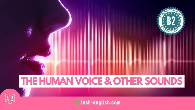 Side profile of a person speaking with sound waves and light bars in the background. The text 'The Human Voice & Other Sounds' and a B2 level indicator are displayed, representing an English vocabulary lesson on test-english.com.
