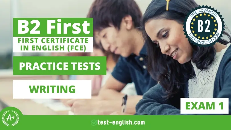 Two students are taking a Cambridge B2 First (FCE) Writing practice test.