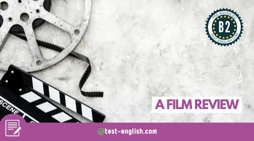 Film reel and clapperboard on grey background for a B2 English writing lesson on writing a film review.