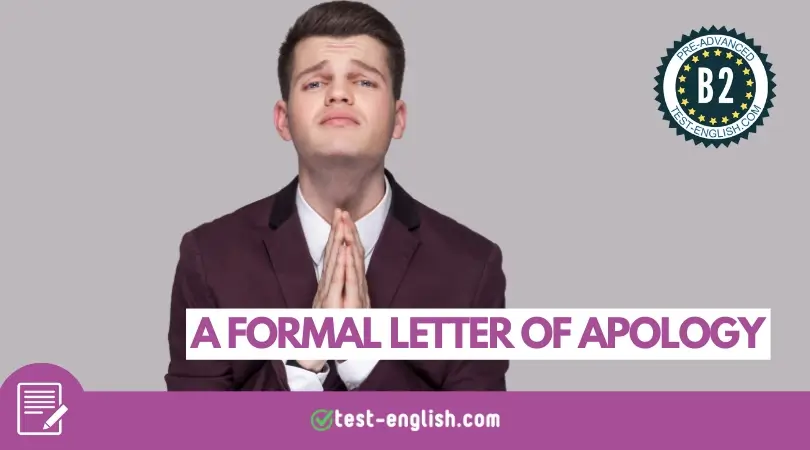 Man in a formal suit with a pleading expression, symbolizing the concept of writing a formal letter of apology for English learners.