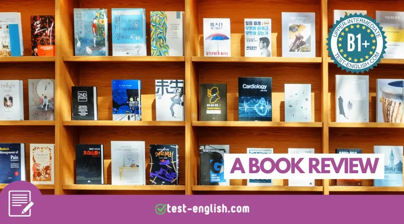 Books on wooden shelves for a B1+ English writing lesson about how to write a book review.