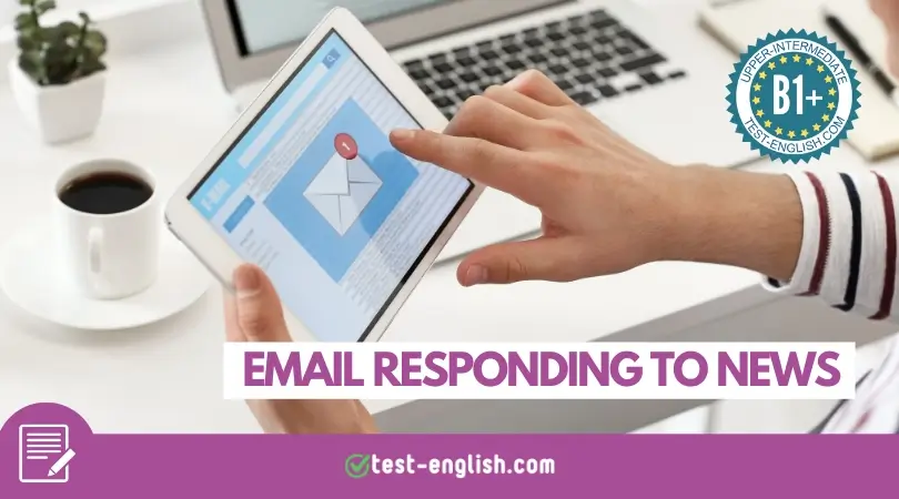 Person writing an informal email on a tablet, with a red notification icon on the screen, representing a lesson on how to respond to news in English (B1+ level)