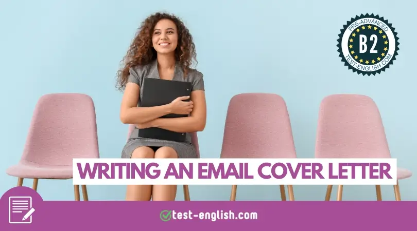 Confident job applicant holding folder in waiting area for B2 writing lesson on email cover letters