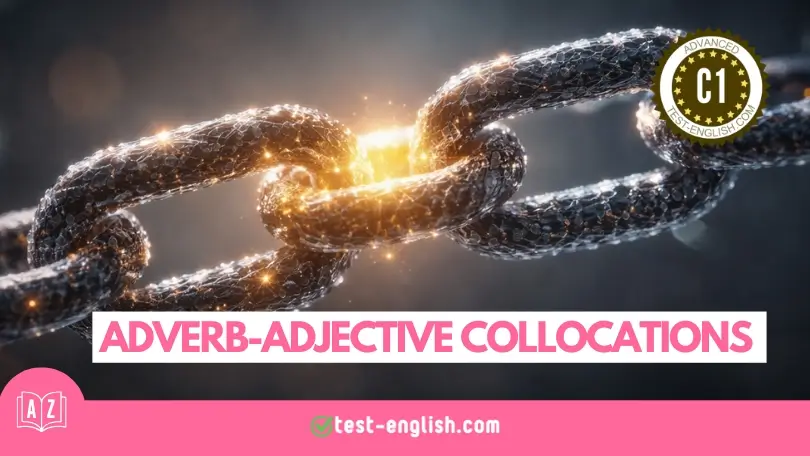 C1 English vocabulary lesson on adverb–adjective collocations showing two linked chain pieces