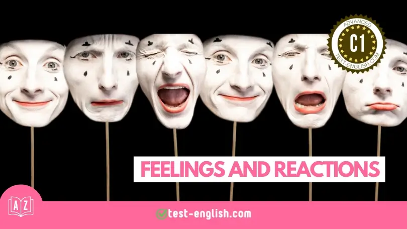 White theatrical masks showing different emotions for the C1 English Vocabulary lesson on feelings and reactions.