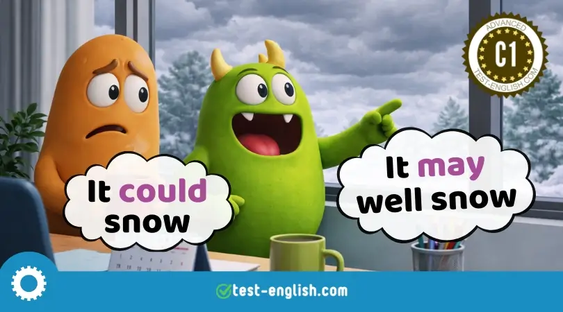 Cartoon characters looking at snowy sky for C1 grammar lesson on modal verbs can, could, may and might