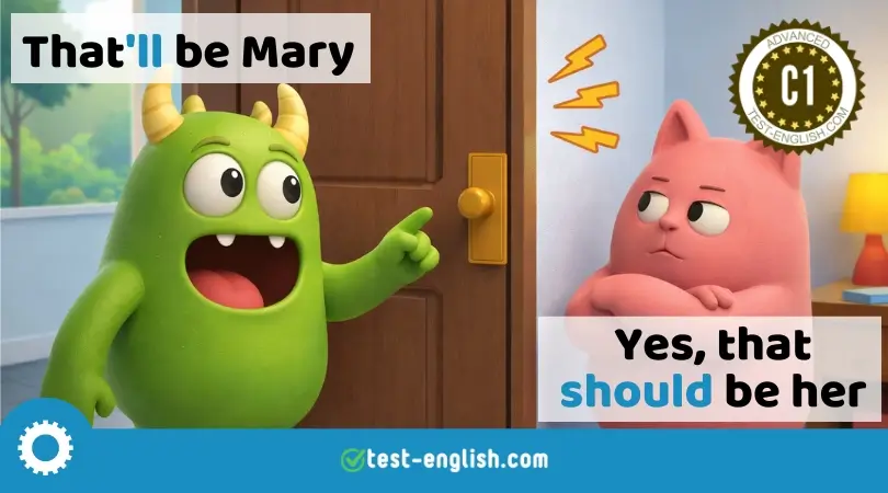 C1 grammar featured image about advanced modal verbs 'will' and 'should' with two cartoon monsters at a door.